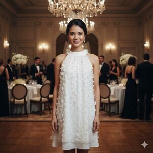 Vimpunec White Floral Applique Halter Neck Sheer Overlay Dress Size L